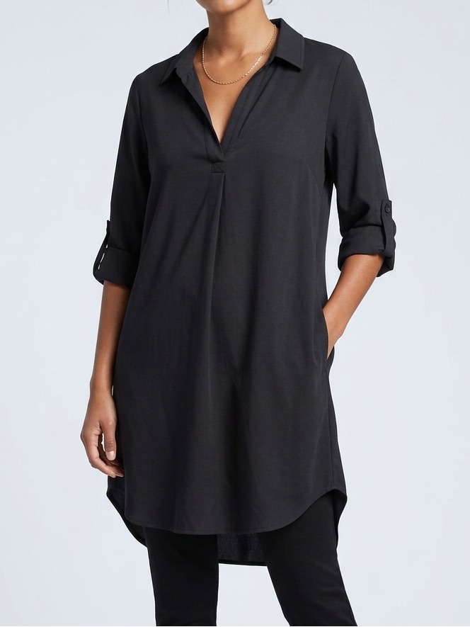 Elan Black V-Neck Collared Roll-Sleeve High-Low Tunic Top